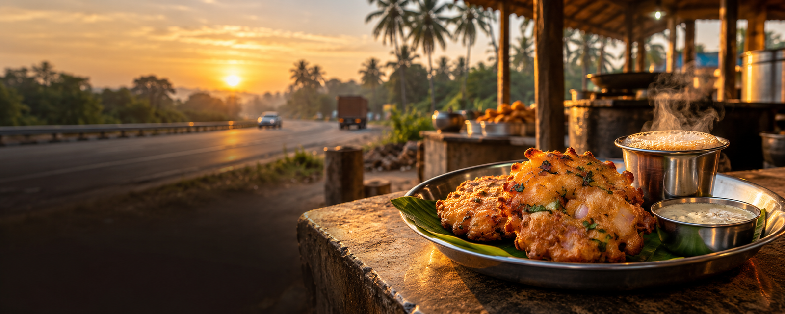 Maddur vada and filter coffee at a Karnataka roadside food stop
